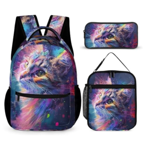WANAHTON Rucksack Teenager Kinderschultaschen Schulranzen-Set Mit Katze-Motiv Schulrucksack Jugendliche Jungen Mädchen 3-in-1-Rucksack Büchertaschen-Set (Farbe 5) von WANAHTON