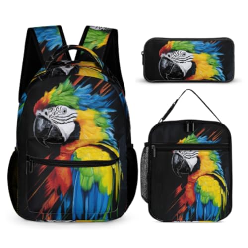 WANAHTON Rucksack Teenager Kinderschultaschen Schulranzen-Set Mit Papagei-Motiv Schulrucksack Jugendliche Jungen Mädchen 3-in-1-Rucksack Büchertaschen-Set (Farbe 2) von WANAHTON