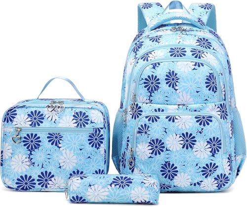 WANAHTON Schulrucksack mädchen 3-teiligem Set mit Blumendruck，Teenager mädchen Schulranzen mit Lunchpaket und Federmäppchen, leichte Grundschul-Büchertaschen lässig Rucksack Kinder (Blau) von WANAHTON