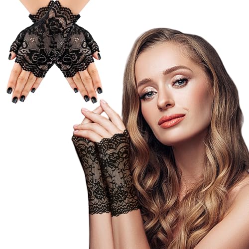 WANAIR Schwarze Spitzenhandschuhe Damen, Kurze Fingerlose Spitze Handschuhe Schwarz Elegant Kostüm für Fasching Karneval Halloween Mottoparty, Opera Halbhandschuhe Braut Hochzeits Hexen Zubehör von WANAIR