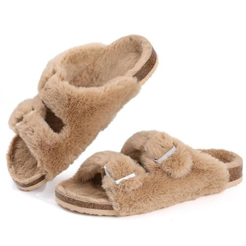 Kork-Fußbett Plüsch Hausschuhe Für Frauen Winter Pelz Pelz Hausschuhe Home Flauschige Slides Mit Fußgewölbeunterstützung Fuzzy Flip Flops, Khaki, 39 EU von WANAM