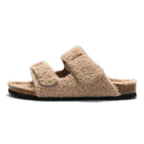 Kork-Fußbett Plüsch Hausschuhe Für Frauen Winter Pelz Pelz Hausschuhe Home Flauschige Slides Mit Fußgewölbeunterstützung Fuzzy Flip Flops, Khaki B, 37 EU von WANAM