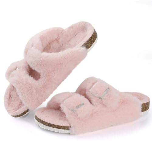 Kork-Fußbett Plüsch Hausschuhe Für Frauen Winter Pelz Pelz Hausschuhe Home Flauschige Slides Mit Fußgewölbeunterstützung Fuzzy Flip Flops, Pink, 41 EU von WANAM