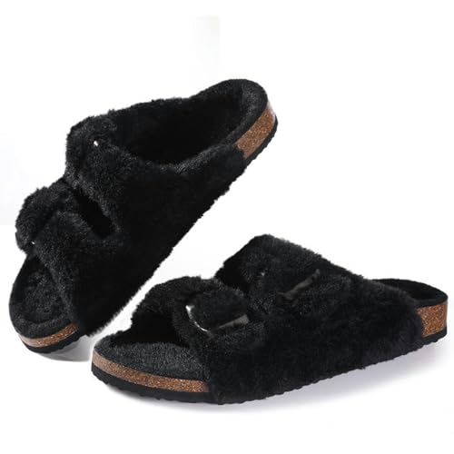 Kork-Fußbett Plüsch Hausschuhe Für Frauen Winter Pelz Pelz Hausschuhe Home Flauschige Slides Mit Fußgewölbeunterstützung Fuzzy Flip Flops, Schwarz, 39 EU von WANAM
