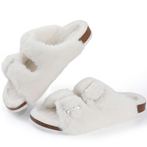Kork-Fußbett Plüsch Hausschuhe Für Frauen Winter Pelz Pelz Hausschuhe Home Flauschige Slides Mit Fußgewölbeunterstützung Fuzzy Flip Flops, Weiss/opulenter Garten, 39 EU von WANAM