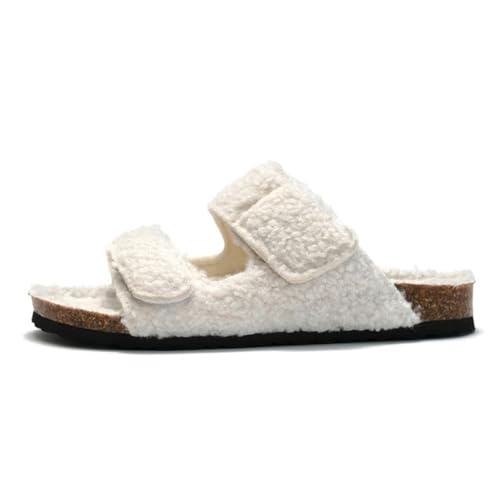 Kork-Fußbett Plüsch Hausschuhe Für Frauen Winter Pelz Pelz Hausschuhe Home Flauschige Slides Mit Fußgewölbeunterstützung Fuzzy Flip Flops, Weiß B, 38 EU von WANAM