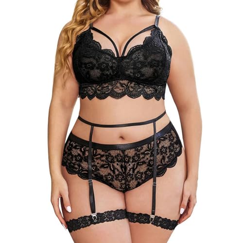 Plus Size Set für Frauen Spitze Trim Dessous Set Hohe Taille Höschen Set Weibliche Rückenfreie Kleidung von WANAM