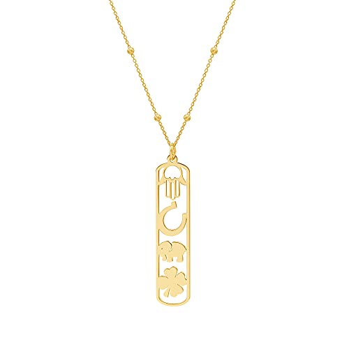WANDA PLATA Anhänger Halskette Glück 925 Echt Sterling Silber Vergoldet Goldkette Damen, für Frau mit Hand der Fatima, Hufeisen, Elefant und Klee, mit verstellbarer Kette 45 cm - 50 cm von WANDA PLATA