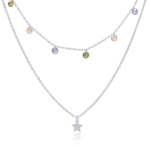WANDA PLATA Choker Halskette Doppelsterne und Zirkone 925 Sterling Silber, für junge Frau, Mädchen mit verstellbarer Kette in Geschenkbox von WANDA PLATA
