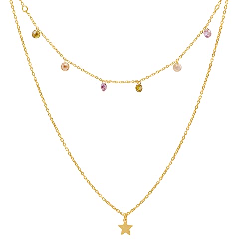 WANDA PLATA Choker Halskette Doppelsterne und Zirkone 925 Sterling Silber vergoldet, für junge Frau, Mädchen mit verstellbarer Kette in Geschenkbox von WANDA PLATA