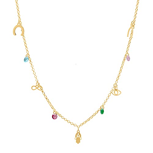 WANDA PLATA Glücksanhänger Halskette 925 Sterling Silber Vergoldet, für Frau mit Hand von Fatima, Hufeisen, Unendlichkeit und türkischem Auge, mit verstellbarer Kette 40 cm - 45 cm von WANDA PLATA