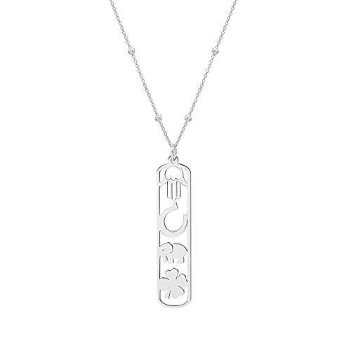 WANDA PLATA Halskette mit Glücksamulett Anhänger Silver 925 für Damen mit Hand Fatima, Hufeisen, Elefant und Kleeblatt, Kette von 45 cm - 50 cm Schutzamulett von WANDA PLATA