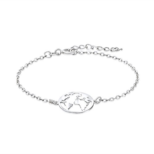 WANDA PLATA Weltkarten-Armband für Damen, Hergestellt aus 925 Echt Sterlingsilber, Weltkarten-Design Schmuck, Reiseschmuck, Geschenkbox von WANDA PLATA