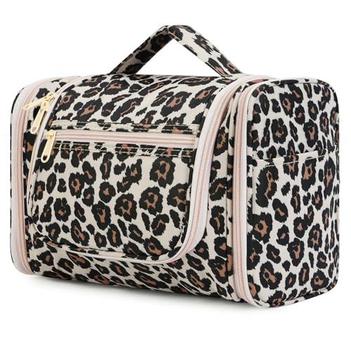 WANDF Groß Waschtasche, Kulturtasche zum Aufhängen für Damen, Kulturbeutel Herren Gross, Waschbeutel für Camping Reisen für Kinder Frauen Mann (Rosa Leopard) von WANDF