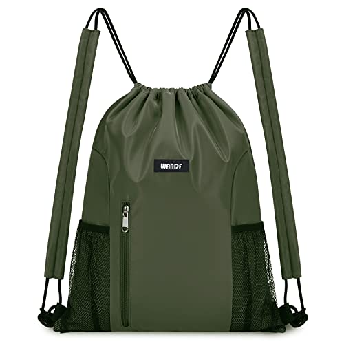 WANDF Kordelzug-Rucksack mit Schulterpolster, Sport-Gym-Rucksack mit Netztasche, Kordelzug-Rucksack für Damen und Herren (Dunkelgrün) von WANDF