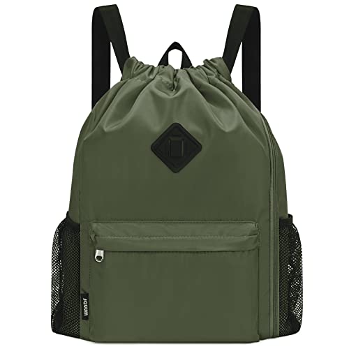 WANDF Rucksack mit Kordelzug, Sporttasche mit Schuhfach, wasserabweisender String-Rucksack Cinch für Damen Herren (Groß,Dunkelgrün) von WANDF