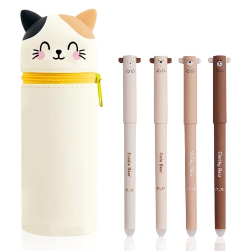 WANDGU 2 Stück Weiche Silikontasche Federmäppchen Schlampermäppchen und Stifteköcher 2 in 1, Kawaii Federmäppchen mit 4 Gelstift für Schülerin (Katze) von WANDGU