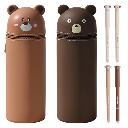 WANDGU 2 Stück Weiche Silikontasche Federmäppchen Schlampermäppchen und Stifteköcher 2 in 1, Kawaii Federmäppchen mit 4 Tier Radierstift Kugelschreiber für Schülerin (Bär) von WANDGU