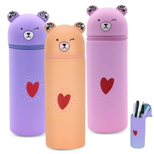 WANDGU 3 Stück Kawaii Federmäppchen: Schlampermäppchen und Stifteköcher 2 in 1aus Weichem Silikon, Schlampermäppchen Ständer up Stifteköcher, Stifteköcher Teleskopisch für Schülerin, Teenager von WANDGU