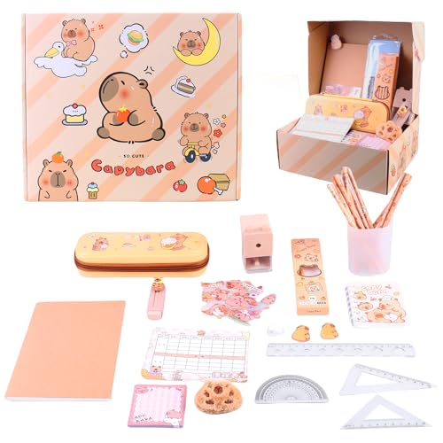 WANDGU Capybara Schreibwaren Set: 38 Stück Süßes Schreibwaren Geschenkset mit Federmäppchen Aesthetic, Schulstarter Kit inkl. Notizbuch, Sticker, Bleistifte, Stundenplan & Accessoires für Schule von WANDGU