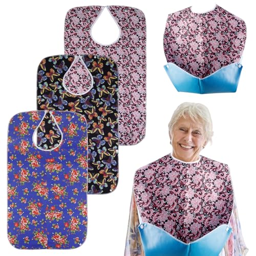 WANDGU Wasserdicht Erwachsenen Lätzchen: 3er-Pack Lätzchen für Erwachsene mit Auffangschale und Druckknöpfen, Abwaschbarer Kleiderschutz Wiederverwendbar für Männer Frauen Ältere Menschen Behinderte von WANDGU