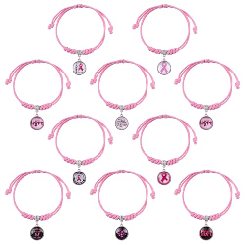 WANDIC 10 Stück rosa Oktober verstellbare Armbänder mit Metallanhänger Brustkrebs rosa Schleife Bewusstsein stabiles Vajra Knoten Seil Armbänder Frauen als Gedenkgeschenk WANDIC 10 Stück rosa Oktober verstellbare Armbänder mit Metallanhänger Brustkrebs rosa Schleife Bewusstsein stabiles Vajra Knoten Seil Armbänder Frauen als Gedenkgeschenk von WANDIC
