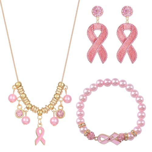 WANDIC 3 Stück rosa Oktober verstellbares Armband rosa Schleife Brustkrebs Bewusstsein Strass Ohrringe Halskette Schmuck für Frauen Unterstützung von WANDIC