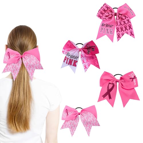 WANDIC 4 x Brustkrebs-Cheer-Schleifen, Oktober-Krebs, rosa Schleife, Pferdeschwanz-Halter, elastisches Haarband, große rosa Cheer-Schleifen für Frauen von WANDIC
