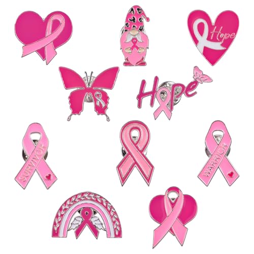 WANDIC Broschen mit rosa Schleife, Brustkrebs-Bewusstseins-Anstecknadeln, Emaille-Schmuck, Hoffnung, Liebe, Abzeichen, Brustkrebs, Geschenke für Frauen, 10 Stück von WANDIC