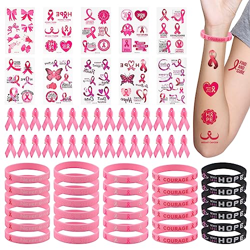 WANDIC Brustkrebs-Bewusstseinsset, 10 x rosa Band-Tattoo-Aufkleber & 30 x krebsfreie Pins & 30 x Silikon-Gummi-Armbänder für Frauengesundheitsveranstaltung von WANDIC