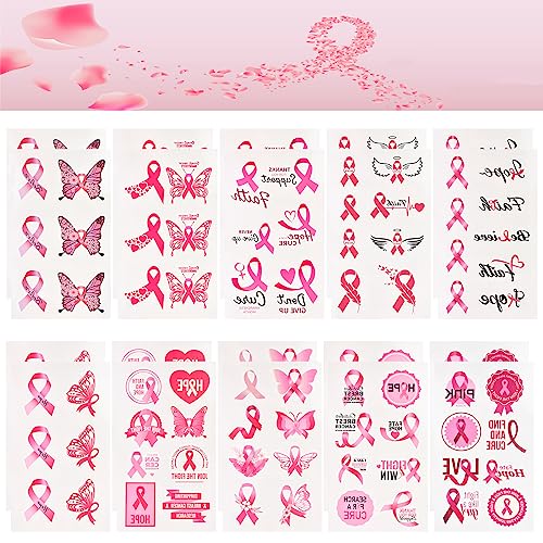 WANDIC Pink Ribbon Tattoo Aufkleber, 20 Blatt Brustkrebs Bewusstsein Aufkleber Temporäre Krebs Unterstützung Tattoos für Party Aktivität Dekoration von WANDIC