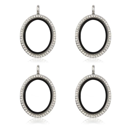 WANDIC Strass Foto Charm, 4 Stück Oval Silber weiß Kristall Foto Anhänger Braut Hochzeit Bouquet Charms Living Floating Memory Medaillons für 2 Bilder von WANDIC