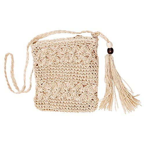 WANGCL Damen-Sommer-Strand-Strohtaschen mit Quaste Mini-Strohhandtaschen mit Reißverschluss-Gewebe, handgefertigte Umhängetasche, böhmische Schultertasche (Beige) von WANGCL