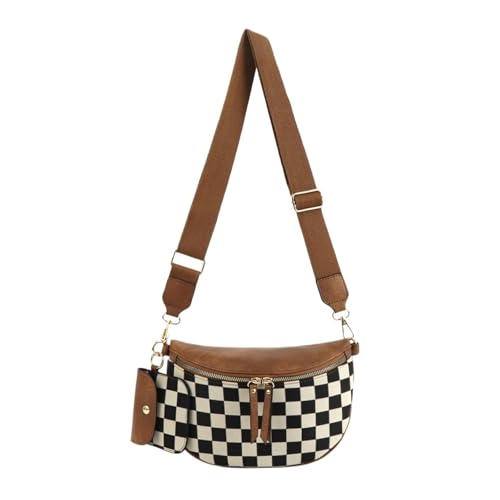 2025 Damen Kariertes Muster Hüfttasche Mit Tasche Rucksack Mit Verstellbarem Gurt Zwei-Wege-Reißverschluss Crossbody Hüfttasche(B02-braun) von WANGHAIPING