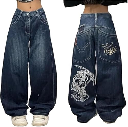 Baggy Jeans Women Men Hip Hop Goth Street Y2k Jeans with Skeleton Print Vintage High Waist Denim Wide Leg Pants Street Wear(Color-4,Large) von WANGHAIPING