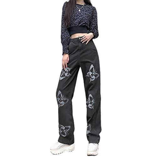 Damen Butterfly Bedruckte Jeans, Rockabilly Y2K Streetwear Baggy Loose Pants Jeans Hose mit Hoher Taille (Grau, L) von WANGS