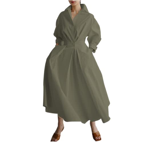 WANGSAURA Damen Langarm Knopfleiste Freizeithemd Langes Kleid mit Taschen Elegante Taille Maxikleid, Pea Green, XXXXL von WANGSAURA