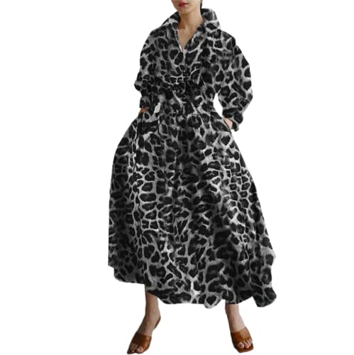 WANGSAURA Frauen Langarm Knopf Kleid Casual Shirt Langes Kleid mit Taschen Elegante Taille Maxikleid, Schwarz Leopard, XXXXXL von WANGSAURA