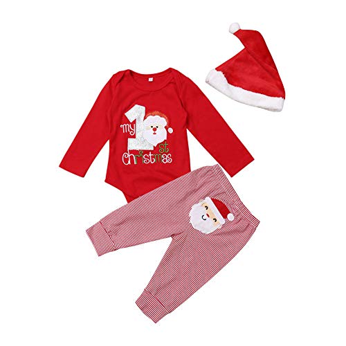 WANGSAURA Neugeborenes Xmas Baby Junge Mädchen Erste Weihnachten Hirsch Weihnachtsmann Strampler + Gestreifte Hosen 2pcs Outfits Set (Weihnachtsmann mit Hut #1, 9-1-2 Monate) von WANGSAURA