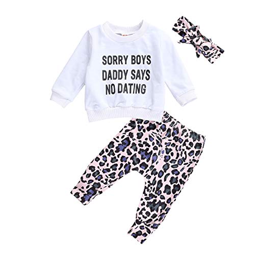 WangsCanis Kleinkind Baby Mädchen Kleidung DAD SAYS Sweatshirt Tops Leopard Hose Stirnband Set Leggings 3tlg Outfits (Weiß, 18-24 Monate) von WANGSAURA