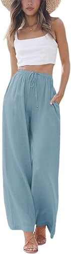 Damen Hosen Sommer Leinen Leicht Casual Locker Leinenhose Freizeithose Palazzo Hose Weite Leg Hose Sommerhose Hohe Taille mit Tunnelzug und Taschen Linen Pants Einfarbige Leinenhosen damen Lang von WANGTIANXUE