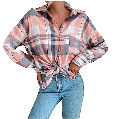 Damen Kariertes Hemd mit Knopfleiste Langarm Oktoberfest Hemden Bluse Karo Tunika Tops Casual V-Ausschnitt Hemdbluse Freizeithemd Oberteile Teenager-Mädchen Elegante Karohemd Oversized Shirts von WANGTIANXUE