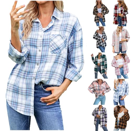 Damen Kariertes Hemd mit Knopfleiste Langarm Oktoberfest Hemden Bluse Karo Tunika Tops Casual V-Ausschnitt Hemdbluse Freizeithemd Oberteile Teenager-Mädchen Elegante Karohemd Oversized Shirts von WANGTIANXUE