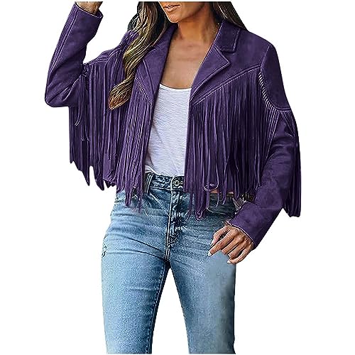 Jacke Damen Kurz Fransenjacke Quaste Jacken Lederjacke mit Fransen Faux Wildleder Cardigan Mantel Crop Sportjacke Herbst Winter Übergangsjacke Retro Motorradjacke Bomberjacke Gutschein Angebote von WANGTIANXUE