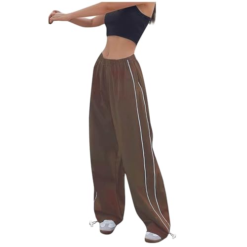 Jogginghose Damen Lang Parachute Pants Y2k Hosen Baggy Cargohose Wide Leg Hose Vintage Gestreifte Sporthose Traininghose Teenager-Mädchen Fashion Streetwear Elastische Taille Freizeithose Sweatpants von WANGTIANXUE