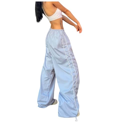 Jogginghose Damen Lang Parachute Pants Y2k Hosen Baggy Cargohose Wide Leg Hose Vintage Gestreifte Sporthose Traininghose Teenager-Mädchen Fashion Streetwear Elastische Taille Freizeithose Sweatpants von WANGTIANXUE