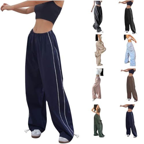 Jogginghose Damen Lang Parachute Pants Y2k Hosen Baggy Cargohose Wide Leg Hose Vintage Gestreifte Sporthose Traininghose Teenager-Mädchen Fashion Streetwear Elastische Taille Freizeithose Sweatpants von WANGTIANXUE