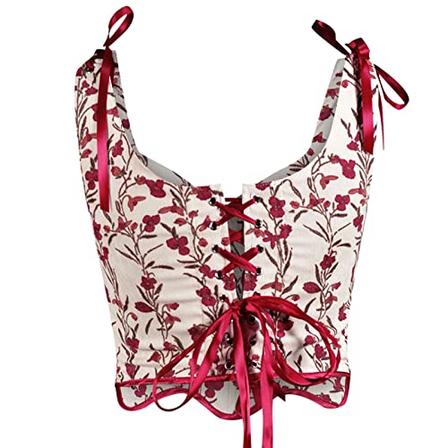 Korsett Damen Bauchweg Corset mit Schnürung Sexy Öse Spitze Blumendruck Unterbrust Vollbrust Oberteil Gräten Rückseite Gürtel Taillenformer Elegant Vintage Palast Stil Corsage Überbrus Shaperwear von WANGTIANXUE