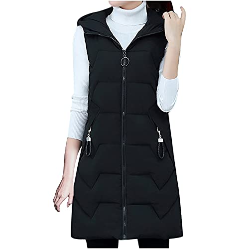 Lang Jacke Weste Damen Ärmellose Daunenweste mit Kapuze Winter Warm Steppweste Leicht Locker Longweste Gesteppt Reißverschluss Winterweste Outdoor Übergangsweste mit Taschen Gutschein Angebote von WANGTIANXUE