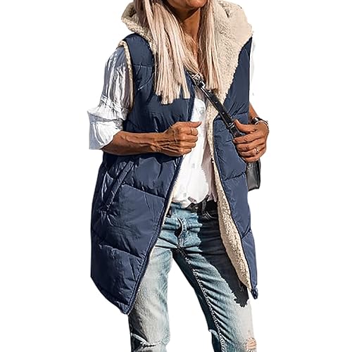 Lang Jacke Weste Damen Longweste Ärmellose Steppweste Herbst Winter Daunenweste mit Kapuze Einfarbige Fleece Wende-Weste Leichte Warm Kapuzenweste Outdoor Puffer Winterweste Gutschein Angebote von WANGTIANXUE